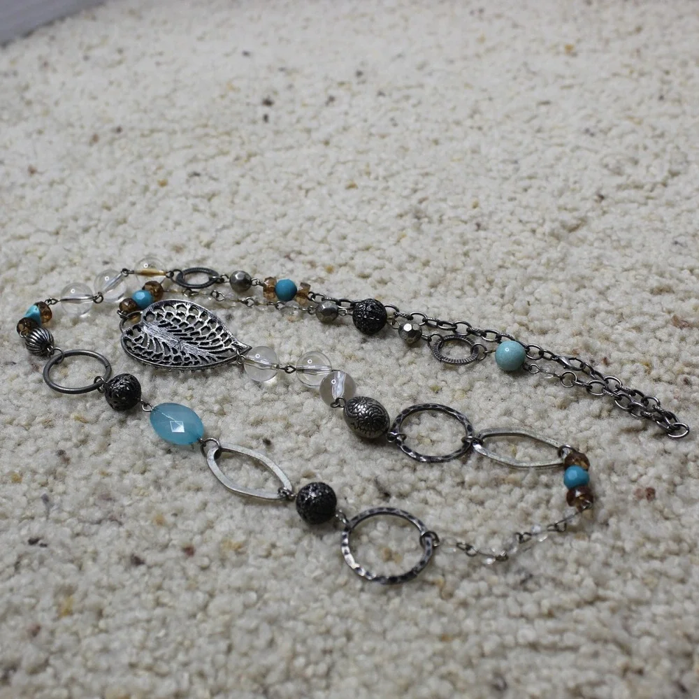 Long Station Necklace Filigree Leaf Turquoise Bead Silver Tone 34 Inch Boho OS
